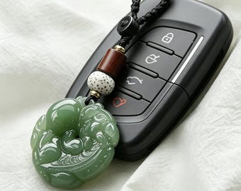 Hand Carved Natural Green Jade Pixiu Keychain | 3 x 3cm Nephrite Jade Bag Charm | Feng Shui Good Luck Gift for Her Him