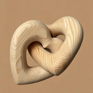 Könnte beinhalten: Eine Holzskulptur aus zwei ineinander verschlungenen Herzformen. Die hellfarbene Holzmaserung ist im gesamten Stück sichtbar, mit einer glatten, polierten Oberfläche. Die Skulptur ist vor einem neutralen Hintergrund platziert.