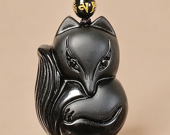 Natural Black Obsidian Fox Pendant Necklace | 35mm Spiritual Healing Crystal Charm | Protection Amulet Gift for Her