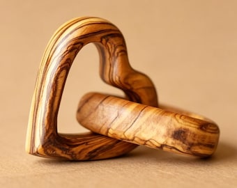 Olive Wood Interlocking Hearts Ornament, Hand Carved Eternal Love Symbol, Minimalist Wooden Heart Decor, Romantic Wedding & Anniversary Gift