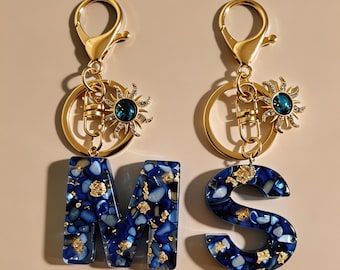 Custom Resin Letter Bag Charm Blue Gold Foil Sun Keychain Personalized Gift for Her