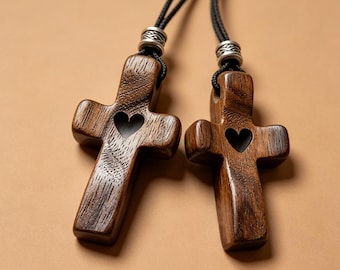 Black Walnut Wood Cross Keychain with Heart Inlay, Multi-Use Christian Faith Pendant for Necklaces, Bags, Cars, Religious Gift