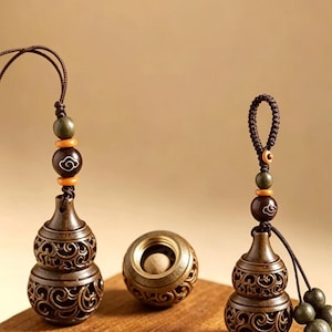 May include: Two bronze-colored metal gourd-shaped containers with intricate openwork scroll patterns, each featuring a brown cord with dark green and orange beads. A small spherical container with a matching scroll design and a light-colored ball are present.
