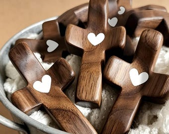 Walnut Wood Palm Cross | Handheld Thumb Comfort Prayer Cross, Christian Faith Gift