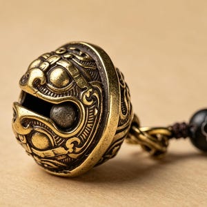 ヴィンテージ真鍮模様の公主鈴チャーム | 6.5cm 手編みコードアクセサリー | 彼女/彼へのキー＆バッグチャームギフト