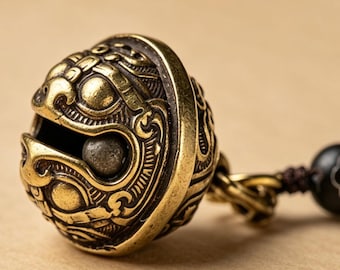 Vintage Brass Patterned Gongzhu Bell Charm | 6.5cm Handmade Braided Cord Accessory | Key & Bag Charm Gift for Her/Him