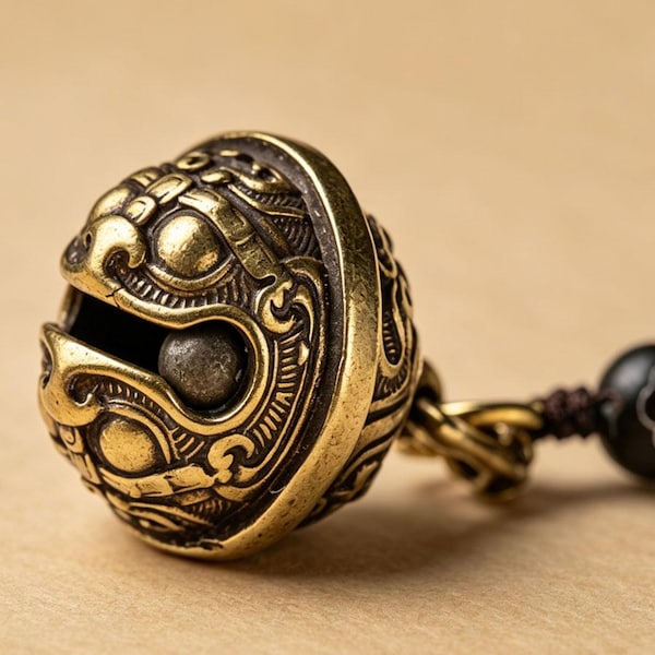 Breloque clochette Gongzhu en laiton vintage à motifs | Accessoire en cordon tressé fait main de 6,5 cm | Cadeau porte-clés et breloque pour sac pour elle/lui