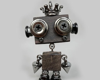 手作りの海賊ロボットチャーム｜3cm スチームパンク風木製メタルペンダント｜キーホルダー、バッグ、携帯電話アクセサリーなど、様々な用途に使えるギフト