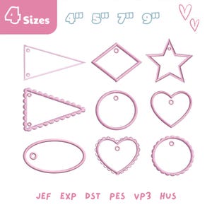May include: Pink embroidery designs in various shapes, including a triangle, diamond, star, circle, heart, and oval. The image includes the text "4 Sizes" and size measurements in inches. The bottom of the image displays embroidery file formats.