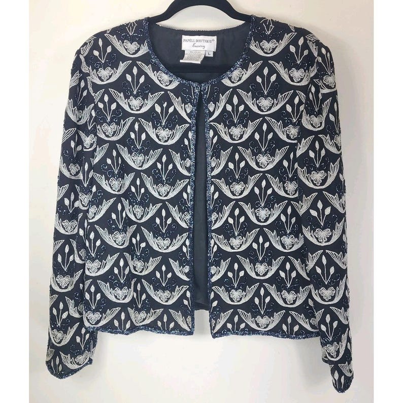 VTG Adrianna Papell Boutique Silk Beaded Jacket Sz L Embroidered Cardigan Topper image 2