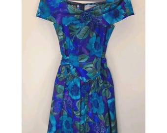 Vtg 80s Floral Off Shoulder Party Dress Prom Belted Size 11 Thule Skirt Retro