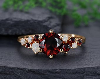 Round Garnet & Opal Cluster Ring, 925 Sterling Silver Gold Vermeil Ring, Vintage Inspired Bridal Promise Ring, Unique Promise Gift for Her