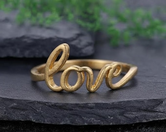 14K Solid Gold Script Love  Stackable Ring  Minimalist Statement Dainty Cursive  Love Letter Ring  Gift For Girlfriend And  Birthday Gift