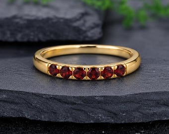 Gold Round Garnet Cluster Ring, Vintage Asymmetric Red Gemstone Band, Dainty January Birthstone Stacking Ring, Unique Gift for Her