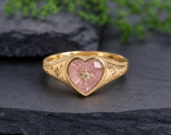 Celestial Pink Heart Ring Gold Heart Signet Ring Starburst Gemstone Ring Vintage Celestial Jewelry Romantic Heart Ring Gift for Her