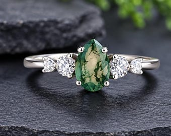 1.5Ct Green Moss Agate Pear Cut Engagement Ring, Multiple white Round Brilliant-Cut Moissanite Ring, Silver Dainty Promise Ring for Her