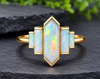 Vintage Opal Engagement Hexagon,Ring 14K Yellow Gold Ring, Bezel Set Opal Ring, Vintage Bridal Wedding Ring Gift for her