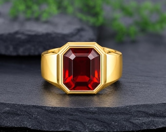 Emerald Cut 14K Solid Gold Modern Bezel Set Signet Ring for Men Unique Red Gemstone Statement Ring, Lab Grown Diamond Bridal Jewelry