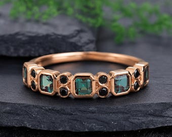 Alexandrite Half Eternity Wedding Band, Vintage Design Alexandrite & Black Onyx Band, Princess Cut Ring, Beautiful Women Ring