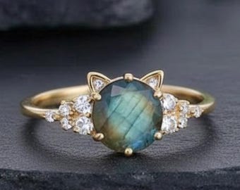 Anillo redondo de labradorita natural con forma de gato, anillo único vintage de oro macizo de 14k, anillo de boda con orejas de gato, regalo de aniversario para amantes de los gatos, anillo de gato