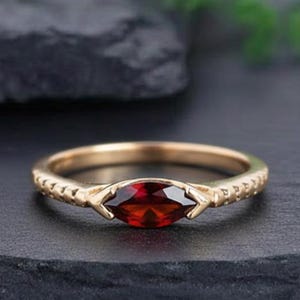 East West Marquise Ruby Travel Ring, 14K Gold Solitaire Ring, Horizontal Ruby Wedding Jewellery, July Birthstone Half Bezel Set Ring Gift