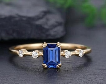 Emerald Cut Blue Sapphire Engagement Ring, Tow Sides Pave Band White Gold Unique Wedding Ring, Promise Ring, Anniversary Gift, Gift For Her