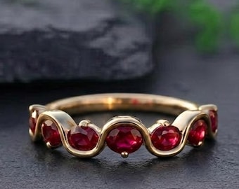 Wavy 14K Solid Yellow Gold Ring | Oval Cut Ruby Eternity Wedding Band | Engagement Ruby Band | Stacking Gold Band | Gift For Her