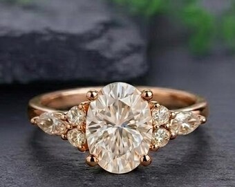 Oval cut Moissanite engagement ring vintage Unique engagement ring solid yellow gold Marquise cut diamond wedding ring  Anniversary ring