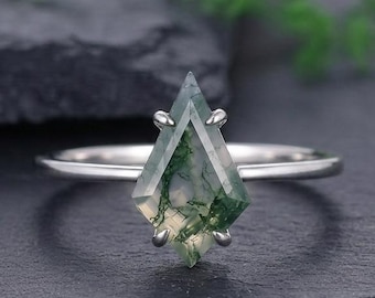 Unique kite cut green moss agate engagement ring 14k rose gold engagement moss agate ring for women vintage bridal wedding ring  gift