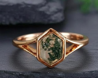 Unique Vintage Bezel Setting Moss Agate Ring Solid 14k Yellow Gold Ring Vintage Hexagon Cut Moss Agate Engagement Ring Promise Bridal Ring