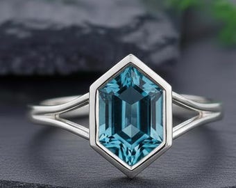Hexagon Teal Blue Topaz Ring, Minimalist Silver Engagement Ring, Unique Geometric Gemstone Ring for Women, Art Deco Ring Gift for Her