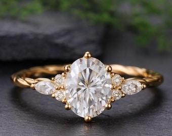 Oval cut Moissanite engagement ring vintage Unique Sterling Silver ring Solid gold Marquise cut diamond wedding Bridal ring Anniversary ring