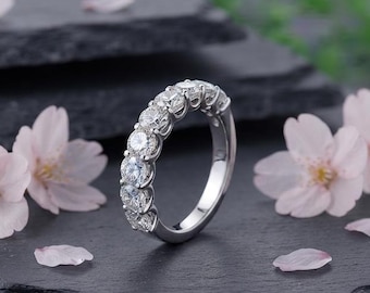 Classic Sterling Silver Moissanite Ring, Half Eternity Band, Minimalist Ring , Round Cut Ring, Silver Jewelry, Anniversary Gift for Women