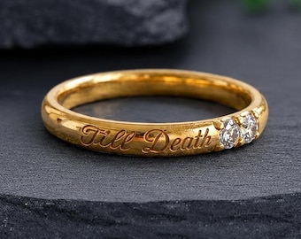 Till Death Diamond Ring, Yellow Gold Band, Dainty Minimalist Ring, Gold Engraved Wedding Band, Gothic Promise Ring, Gift for Couples