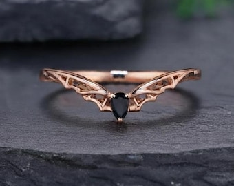 Black Onyx Wedding Band Gothic Vampire Black Gold Rings For Women Unique Black Gemstone Stacking Rings Bat Wing  Halloween Jewelry