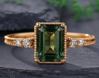 Vintage Green Amethyst Emerald Cut Ring Women 14K Solid Yellow Gold Engagement Ring Unique Prong Set Ring February Birthstone Gift for Wife