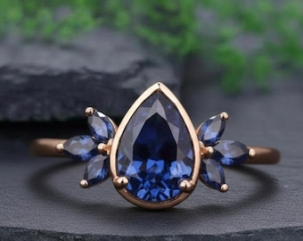 Pear Shaped Lab Sapphire Engagement Ring, September Birthstone Vintage Blue Stones Ring, Bezel Set Promise Ring, Proposal Ring for Women