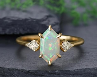 Hexagon Blue Fire Opal Engagement Ring Bezel Setting Hexagon Cut Wedding Ring October Birthstone Ring, Art Deco Promise Ring, Opal Jewellery