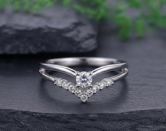 Moissanite V Shape Engagement Ring Curved Wedding Band Elegant Silver Wishbone Double Band Ring,  Sterling Silver Chevron Ring For Women