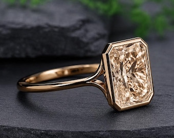 Elongated Emerald Cut Moissanite Ring, Bezel Set Promise Ring, Solitaire Emerald Cut Moissanite Bridal Ring, Solid Gold Women Ring