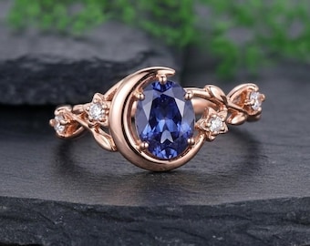 Blue Sapphire Crescent Moon Ring Solid Gold Celestial Engagement Ring With  Stars Cluster Promise Ring Shooting Star Proposal Jewelry Gift