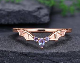 Vampire Alexandrite Stackable Rings for Women Gothic Bat Wings Ring Rose Gold Alexandrite Curved Wedding Band Anniversary Best Gifts for Her