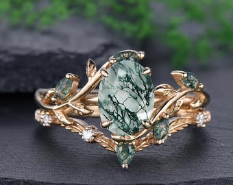 Vintage Moss Agate Engagement Ring, Oval Green Gemstone Ring, White Gold Art Deco Ring, Leaf Nature Inspired Wedding Ring, Anniversary Gift