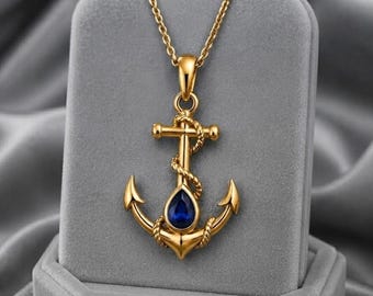 Unique 9K Gold Anchor Necklace with Pear Blue Sapphire, September Birthstone Pendant, Dainty Anchor Pendant Gift for Her, Sea Lover Gift