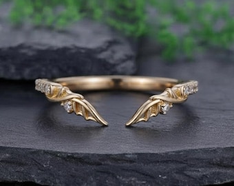 Gothic Bat Wings Open Curved Wedding Band, Vintage 14k  Yellow Gold Stackable Ring, Custom Personalized Halloween Wedding Ring for Her