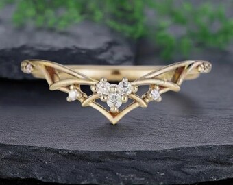 Minimalist Moissanite Wedding Band, Unique Nature Inspired Ring, Matching Wedding Ring, Abstract Bat Bridal Band, Halloween Jewelry