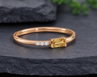 Minimalist Citrine Baguette Ring, November Birthstone Stacking Band, Personalized Gift for Mom Wife Daughter Citrine Engagement Ring Gold