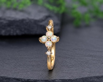 Dainty Opal Flower 14k solid  yellow Gold Sterling Silver Four Leaf Clover Ring Minimalist Gemstone Jewelry Dainty Stacking Ring for Women
