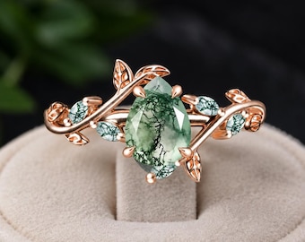 Vintage Pear Moss Agate Engagement Ring Solid Yellow Gold Wedding Ring Nature Inspired leaf Ring Promise Ring Handmade Jewelry Gifts For Her