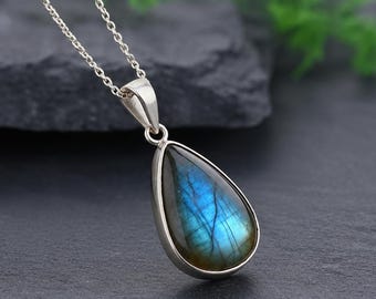 Blue Fire Labradorite Pendant, 925 Sterling Silver Pear Pendant, Natural Gemstone Necklace, Handmade Jewelry Gift for Her for Women